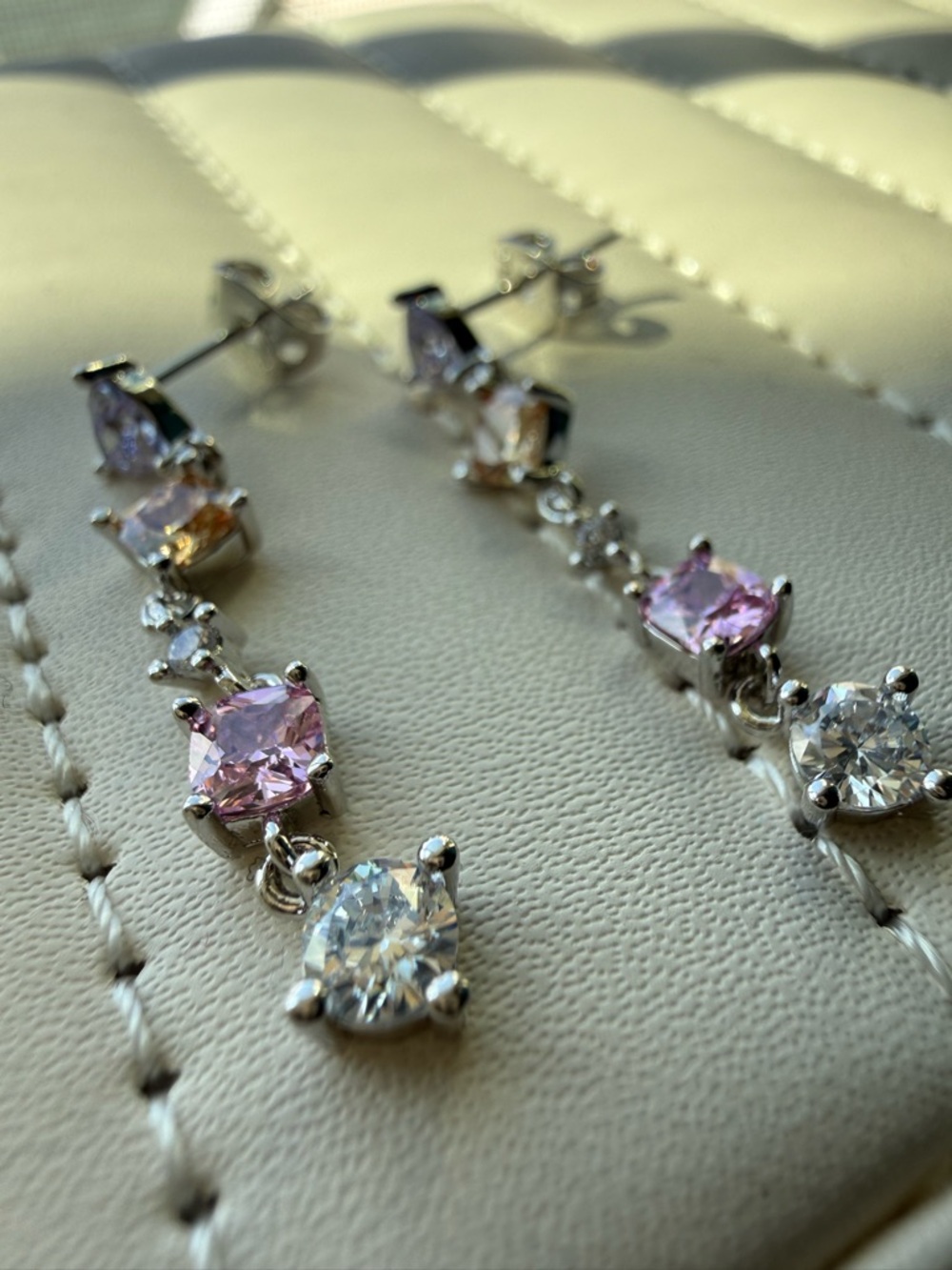 NEW! 14k White Gold Plated Multi-Stone Drop Earrings - Pink, Yellow & Clear - Picture 7 of 10